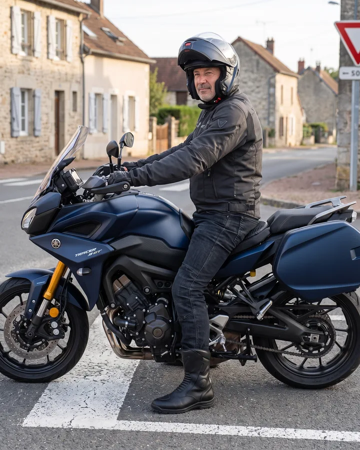 Motorcyklist som står still vid en stoppskylt med fötterna plant på marken och SelleZen-dynan på sadeln