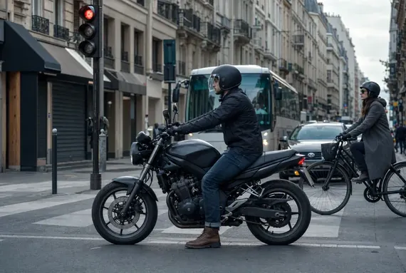 Motorcykel vid rött ljus i stan, kort tur