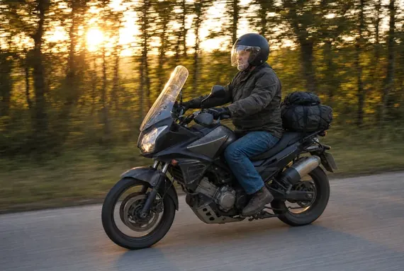 Motorcyklist på en fullastad touringhoj, lång väg i solnedgången